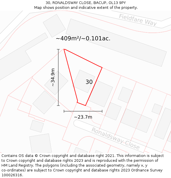 30, RONALDSWAY CLOSE, BACUP, OL13 9PY: Plot and title map