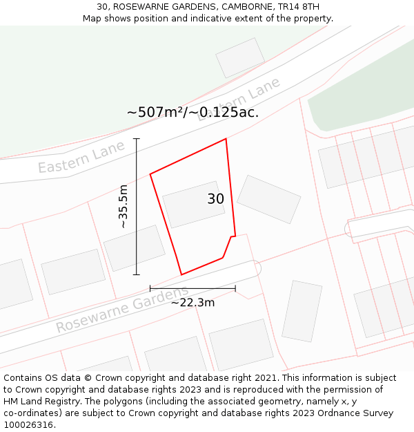 30, ROSEWARNE GARDENS, CAMBORNE, TR14 8TH: Plot and title map