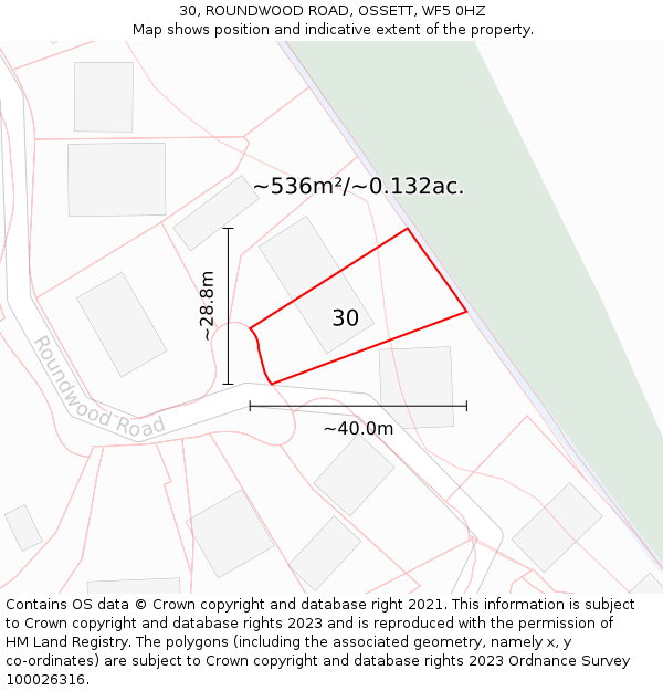 30, ROUNDWOOD ROAD, OSSETT, WF5 0HZ: Plot and title map