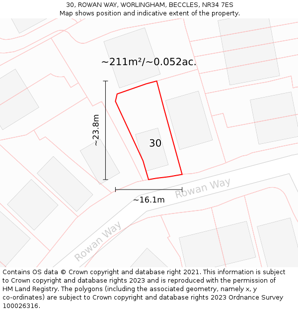 30, ROWAN WAY, WORLINGHAM, BECCLES, NR34 7ES: Plot and title map