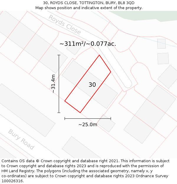 30, ROYDS CLOSE, TOTTINGTON, BURY, BL8 3QD: Plot and title map