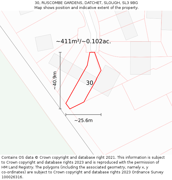 30, RUSCOMBE GARDENS, DATCHET, SLOUGH, SL3 9BG: Plot and title map