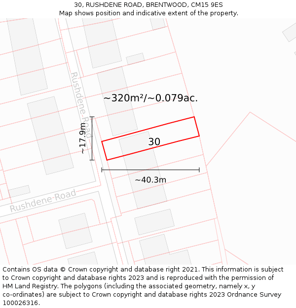30, RUSHDENE ROAD, BRENTWOOD, CM15 9ES: Plot and title map