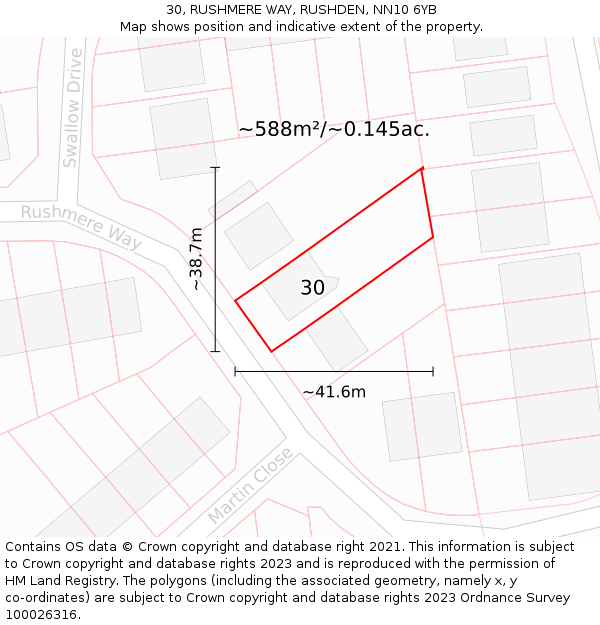 30, RUSHMERE WAY, RUSHDEN, NN10 6YB: Plot and title map