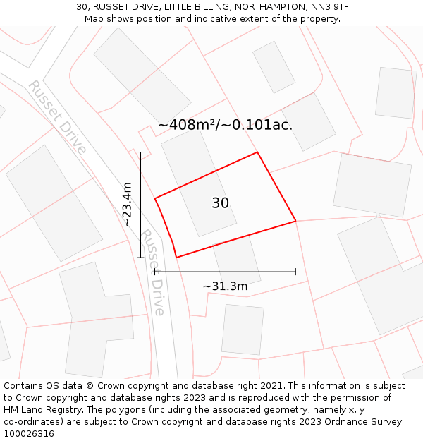 30, RUSSET DRIVE, LITTLE BILLING, NORTHAMPTON, NN3 9TF: Plot and title map