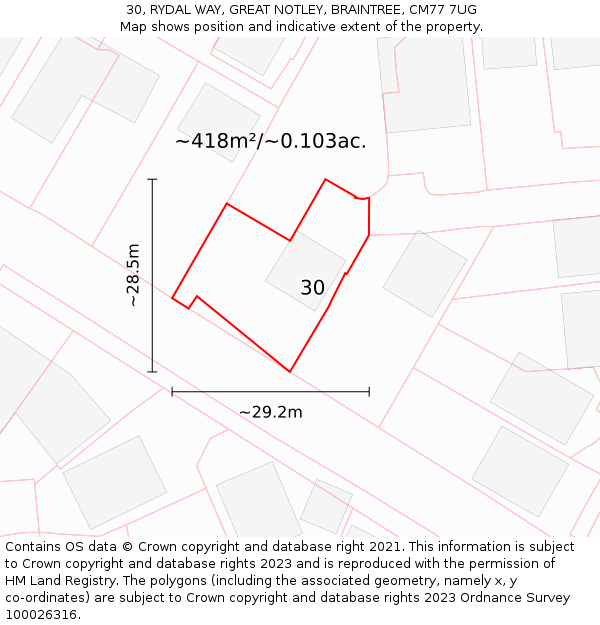30, RYDAL WAY, GREAT NOTLEY, BRAINTREE, CM77 7UG: Plot and title map