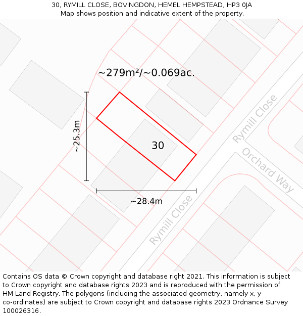30, RYMILL CLOSE, BOVINGDON, HEMEL HEMPSTEAD, HP3 0JA: Plot and title map