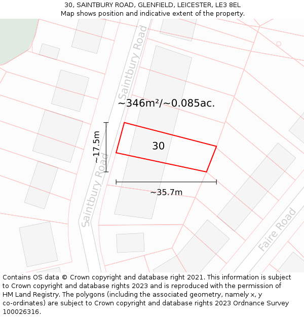 30, SAINTBURY ROAD, GLENFIELD, LEICESTER, LE3 8EL: Plot and title map