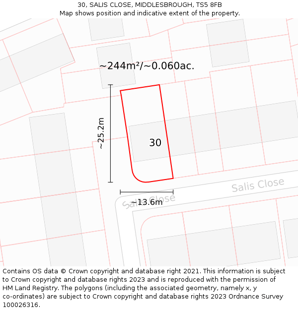 30, SALIS CLOSE, MIDDLESBROUGH, TS5 8FB: Plot and title map