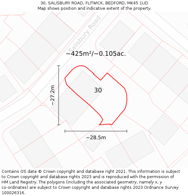 30, SALISBURY ROAD, FLITWICK, BEDFORD, MK45 1UD: Plot and title map