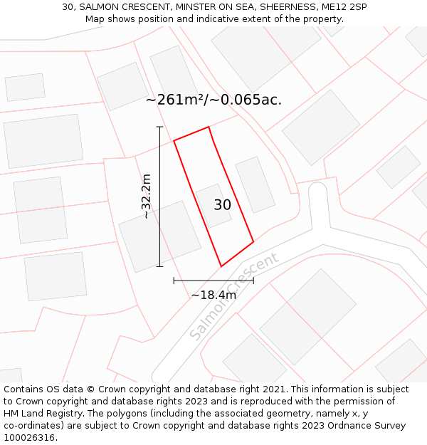 30, SALMON CRESCENT, MINSTER ON SEA, SHEERNESS, ME12 2SP: Plot and title map