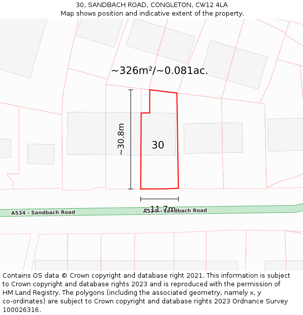 30, SANDBACH ROAD, CONGLETON, CW12 4LA: Plot and title map