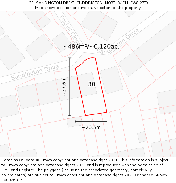 30, SANDINGTON DRIVE, CUDDINGTON, NORTHWICH, CW8 2ZD: Plot and title map