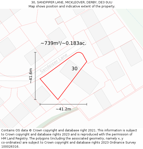 30, SANDPIPER LANE, MICKLEOVER, DERBY, DE3 0UU: Plot and title map