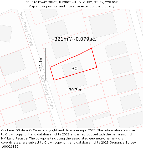 30, SANDWAY DRIVE, THORPE WILLOUGHBY, SELBY, YO8 9NF: Plot and title map