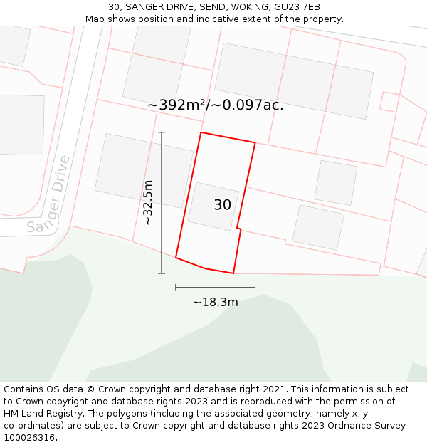 30, SANGER DRIVE, SEND, WOKING, GU23 7EB: Plot and title map
