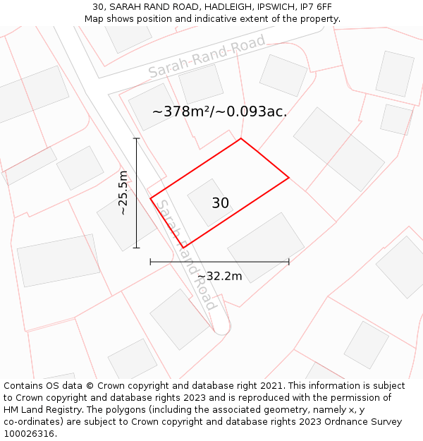 30, SARAH RAND ROAD, HADLEIGH, IPSWICH, IP7 6FF: Plot and title map