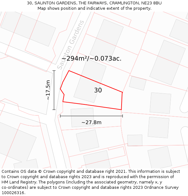 30, SAUNTON GARDENS, THE FAIRWAYS, CRAMLINGTON, NE23 8BU: Plot and title map