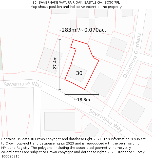 30, SAVERNAKE WAY, FAIR OAK, EASTLEIGH, SO50 7FL: Plot and title map