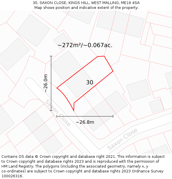 30, SAXON CLOSE, KINGS HILL, WEST MALLING, ME19 4SA: Plot and title map
