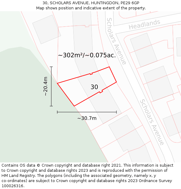 30, SCHOLARS AVENUE, HUNTINGDON, PE29 6GP: Plot and title map