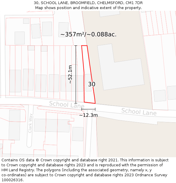 30, SCHOOL LANE, BROOMFIELD, CHELMSFORD, CM1 7DR: Plot and title map