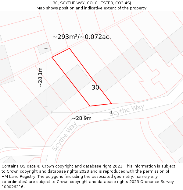 30, SCYTHE WAY, COLCHESTER, CO3 4SJ: Plot and title map