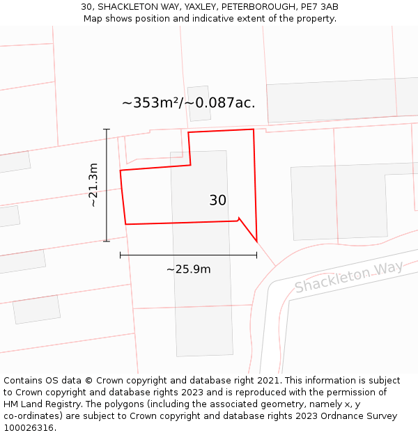 30, SHACKLETON WAY, YAXLEY, PETERBOROUGH, PE7 3AB: Plot and title map
