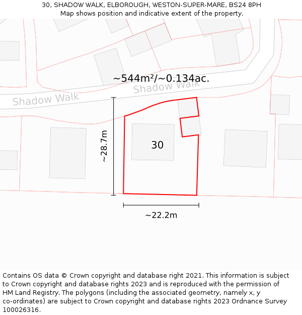 30, SHADOW WALK, ELBOROUGH, WESTON-SUPER-MARE, BS24 8PH: Plot and title map