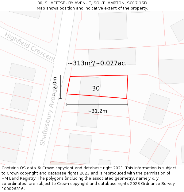 30, SHAFTESBURY AVENUE, SOUTHAMPTON, SO17 1SD: Plot and title map