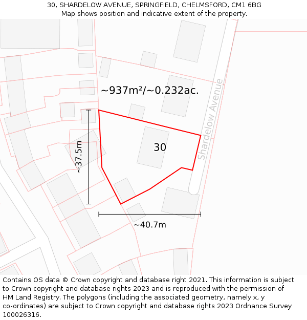 30, SHARDELOW AVENUE, SPRINGFIELD, CHELMSFORD, CM1 6BG: Plot and title map