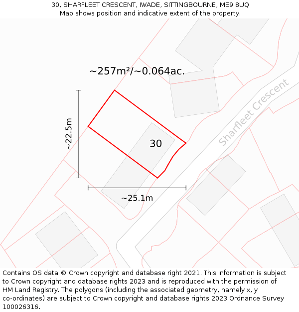 30, SHARFLEET CRESCENT, IWADE, SITTINGBOURNE, ME9 8UQ: Plot and title map
