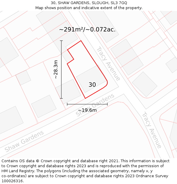 30, SHAW GARDENS, SLOUGH, SL3 7GQ: Plot and title map