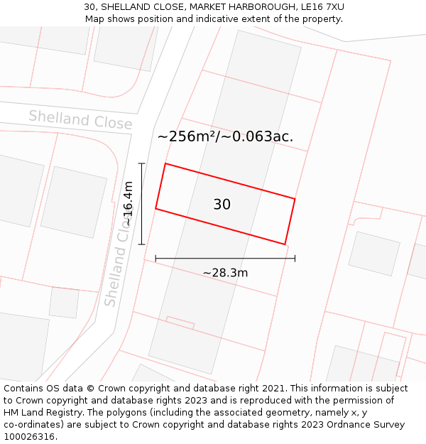 30, SHELLAND CLOSE, MARKET HARBOROUGH, LE16 7XU: Plot and title map