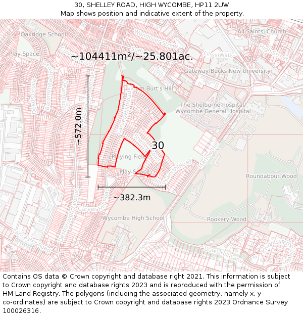 30, SHELLEY ROAD, HIGH WYCOMBE, HP11 2UW: Plot and title map