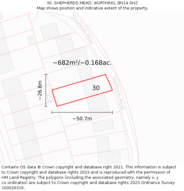 30, SHEPHERDS MEAD, WORTHING, BN14 0HZ: Plot and title map