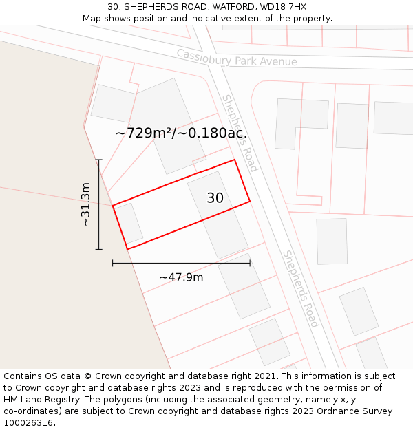30, SHEPHERDS ROAD, WATFORD, WD18 7HX: Plot and title map