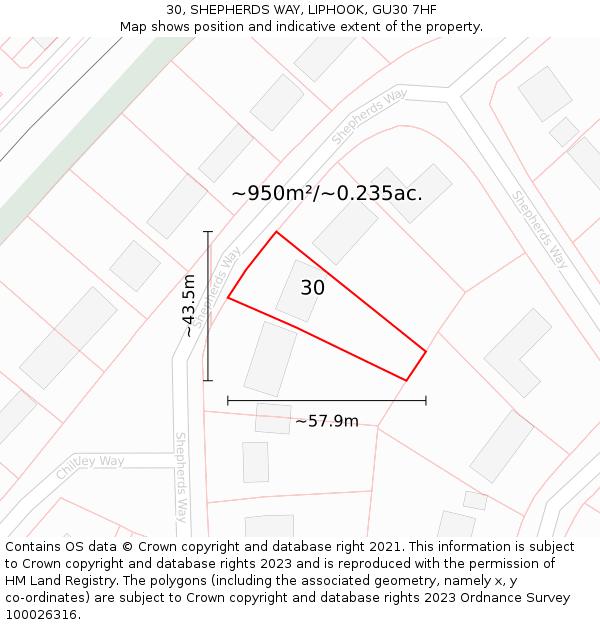 30, SHEPHERDS WAY, LIPHOOK, GU30 7HF: Plot and title map