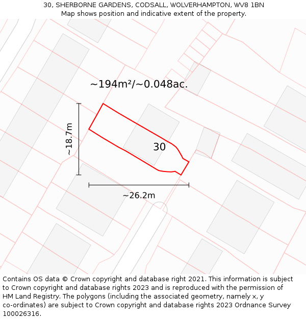 30, SHERBORNE GARDENS, CODSALL, WOLVERHAMPTON, WV8 1BN: Plot and title map
