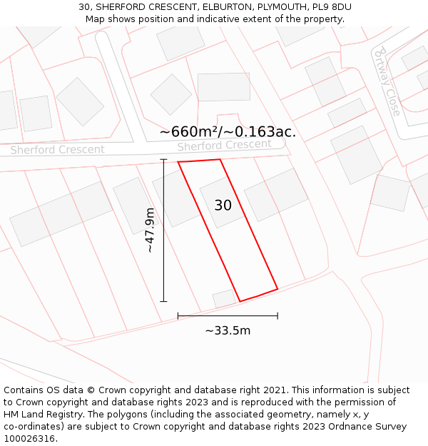 30, SHERFORD CRESCENT, ELBURTON, PLYMOUTH, PL9 8DU: Plot and title map