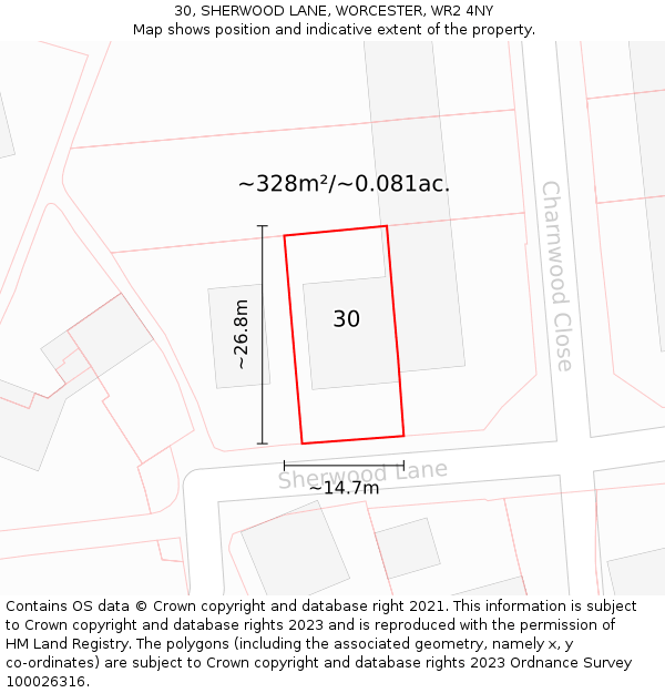 30, SHERWOOD LANE, WORCESTER, WR2 4NY: Plot and title map