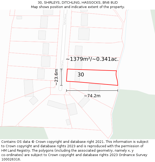 30, SHIRLEYS, DITCHLING, HASSOCKS, BN6 8UD: Plot and title map