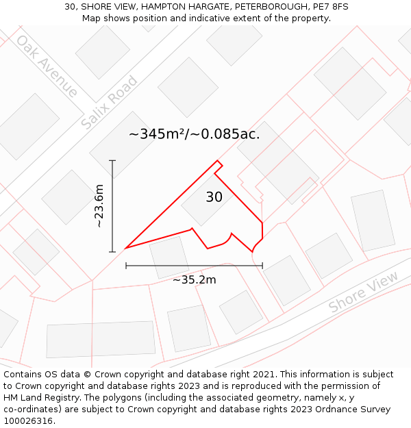 30, SHORE VIEW, HAMPTON HARGATE, PETERBOROUGH, PE7 8FS: Plot and title map
