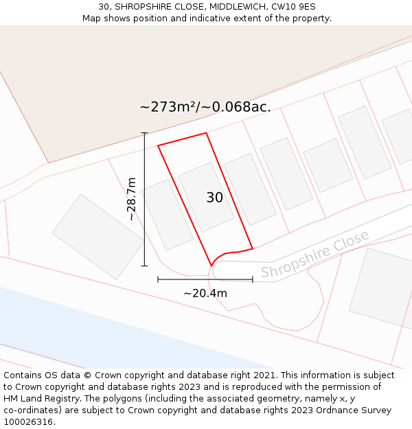 30, SHROPSHIRE CLOSE, MIDDLEWICH, CW10 9ES: Plot and title map