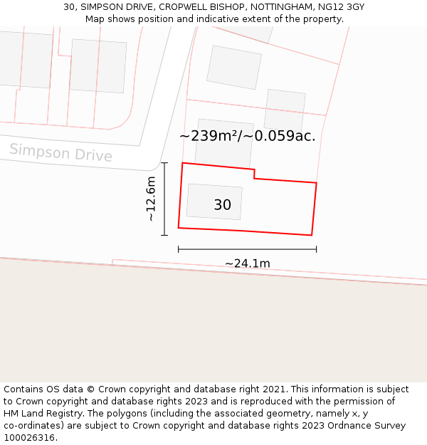 30, SIMPSON DRIVE, CROPWELL BISHOP, NOTTINGHAM, NG12 3GY: Plot and title map
