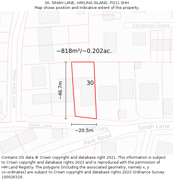 30, SINAH LANE, HAYLING ISLAND, PO11 0HH: Plot and title map