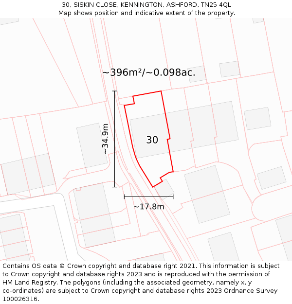30, SISKIN CLOSE, KENNINGTON, ASHFORD, TN25 4QL: Plot and title map