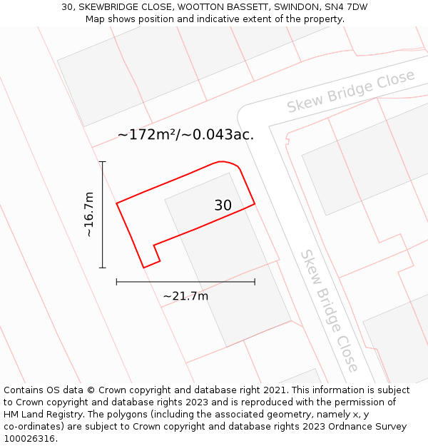 30, SKEWBRIDGE CLOSE, WOOTTON BASSETT, SWINDON, SN4 7DW: Plot and title map