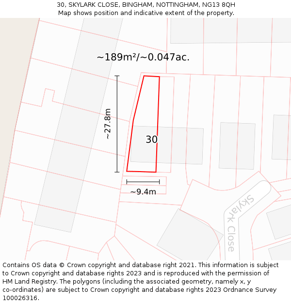 30, SKYLARK CLOSE, BINGHAM, NOTTINGHAM, NG13 8QH: Plot and title map