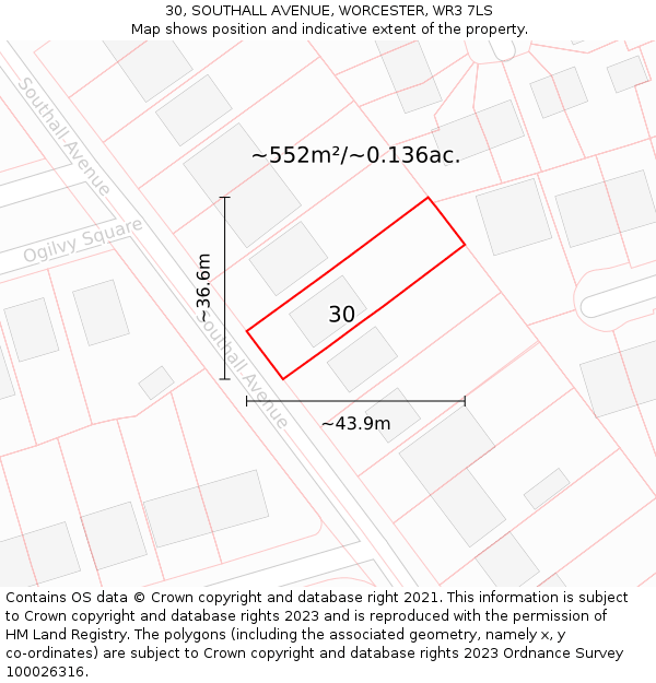 30, SOUTHALL AVENUE, WORCESTER, WR3 7LS: Plot and title map